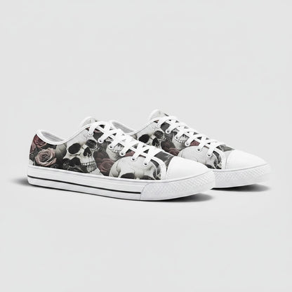 Freaky Shoes® custom canvas sneakers featuring a detailed skull and rose print with white laces and rubber toe caps.