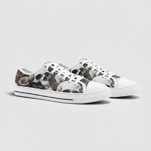 Freaky Shoes® custom canvas sneakers featuring a detailed skull and rose print with white laces and rubber toe caps.