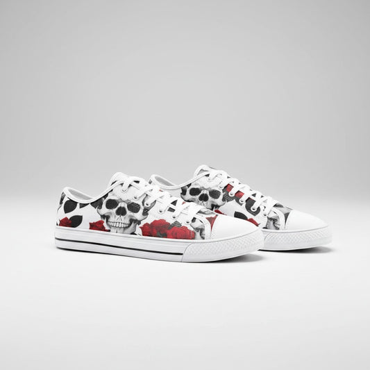 Freaky Shoes® custom high-top canvas sneakers featuring a bold black and white skull and red rose print