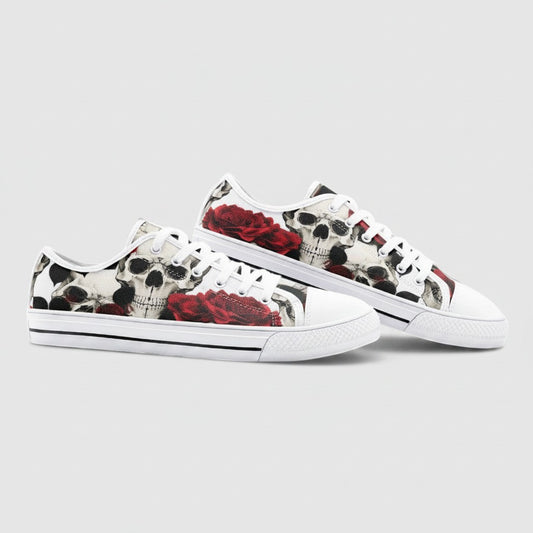 Freaky Shoes® custom low-top canvas sneakers featuring a bold skull and red rose print with white laces and soles