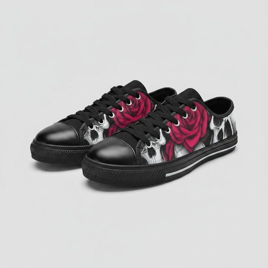 Freaky Shoes® men's low-top canvas sneakers featuring a bold black and white skull and red rose graphic print.