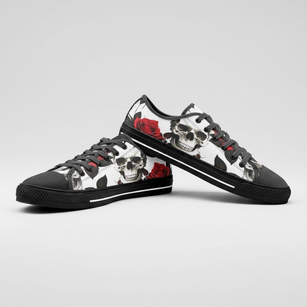 Freaky Shoes® high-top canvas sneakers featuring a bold white, black, and red skull and rose floral print design.