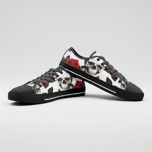 Freaky Shoes® high-top canvas sneakers featuring a bold white, black, and red skull and rose floral print design.