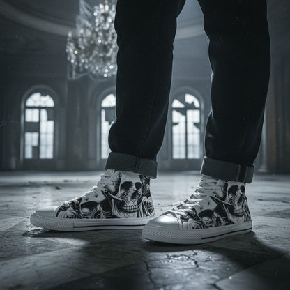 Freaky Shoes® high-top canvas sneakers featuring a black and white cartoon skull and rose print worn with dark jeans.
