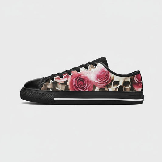 Freaky Shoes® men's low-top canvas sneakers featuring a vibrant skull and red rose floral print on a black base.