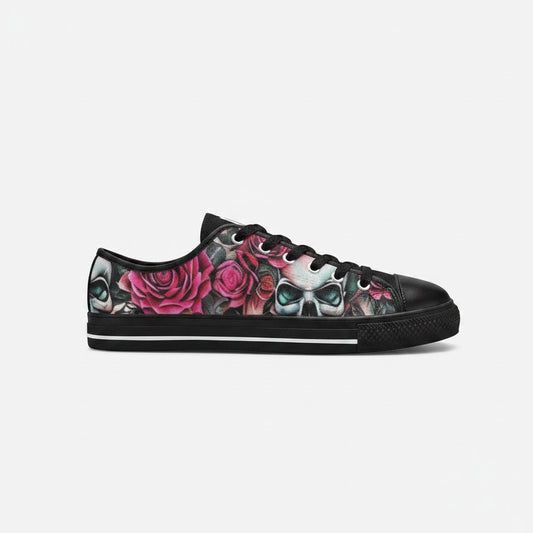 Freaky Shoes® women's low-top canvas sneakers featuring a bold black, pink, and white skull and rose floral print.