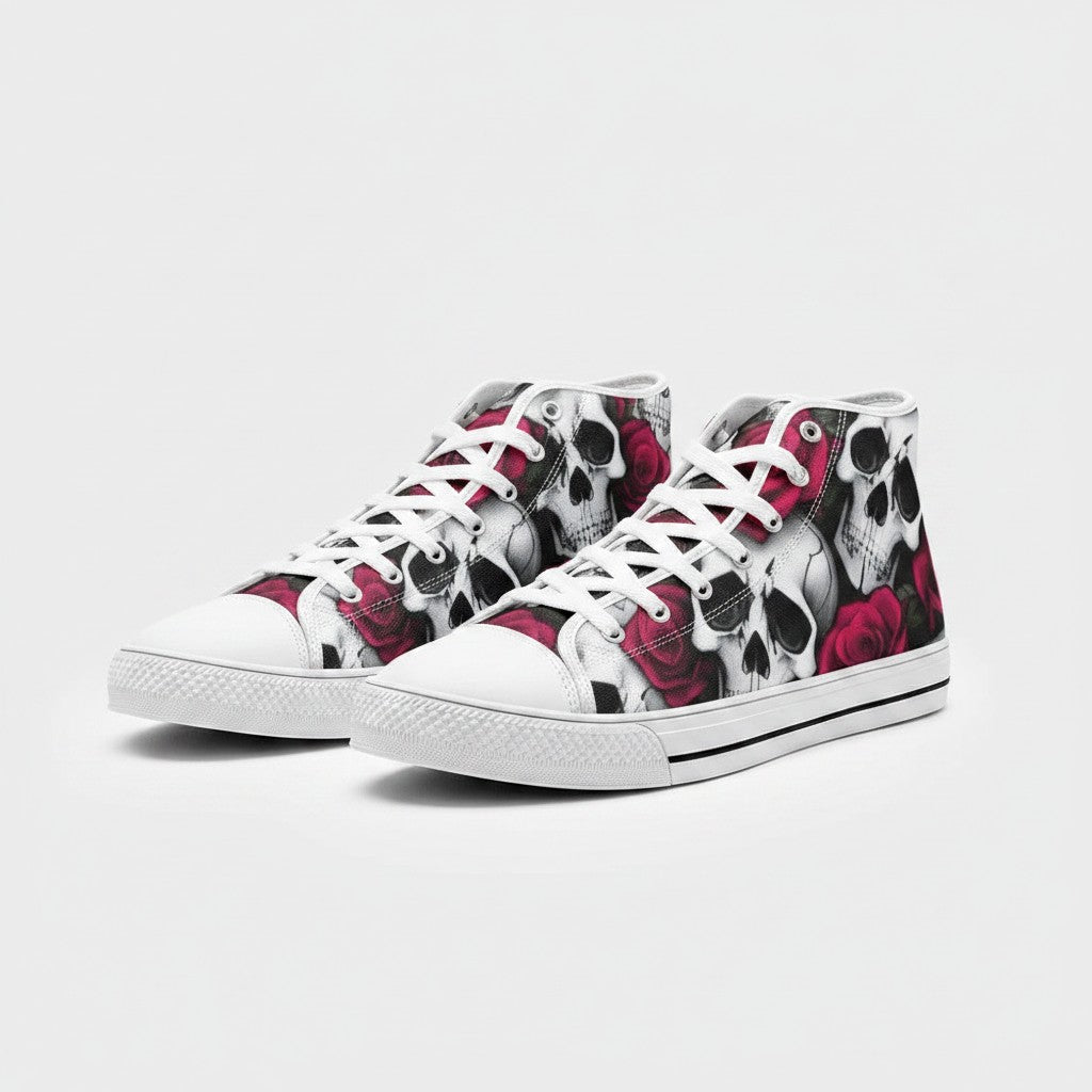 Freaky Shoes® high-top canvas sneakers featuring a bold black and white skull and red rose print with white laces.