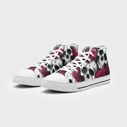Freaky Shoes® high-top canvas sneakers featuring a bold black and white skull and red rose print with white laces.