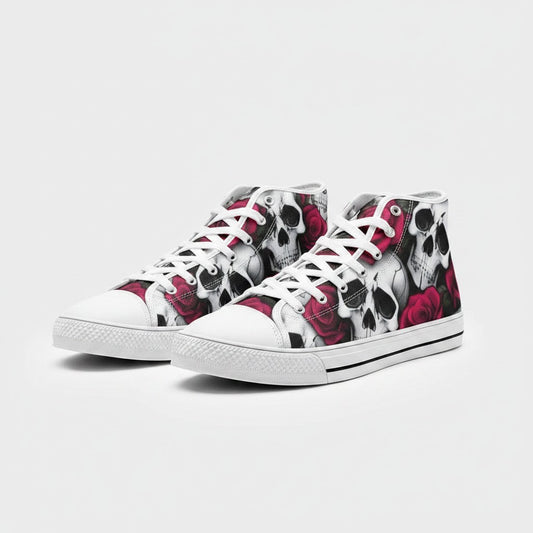 Freaky Shoes® high-top canvas sneakers featuring a bold black and white skull and red rose print with white laces.