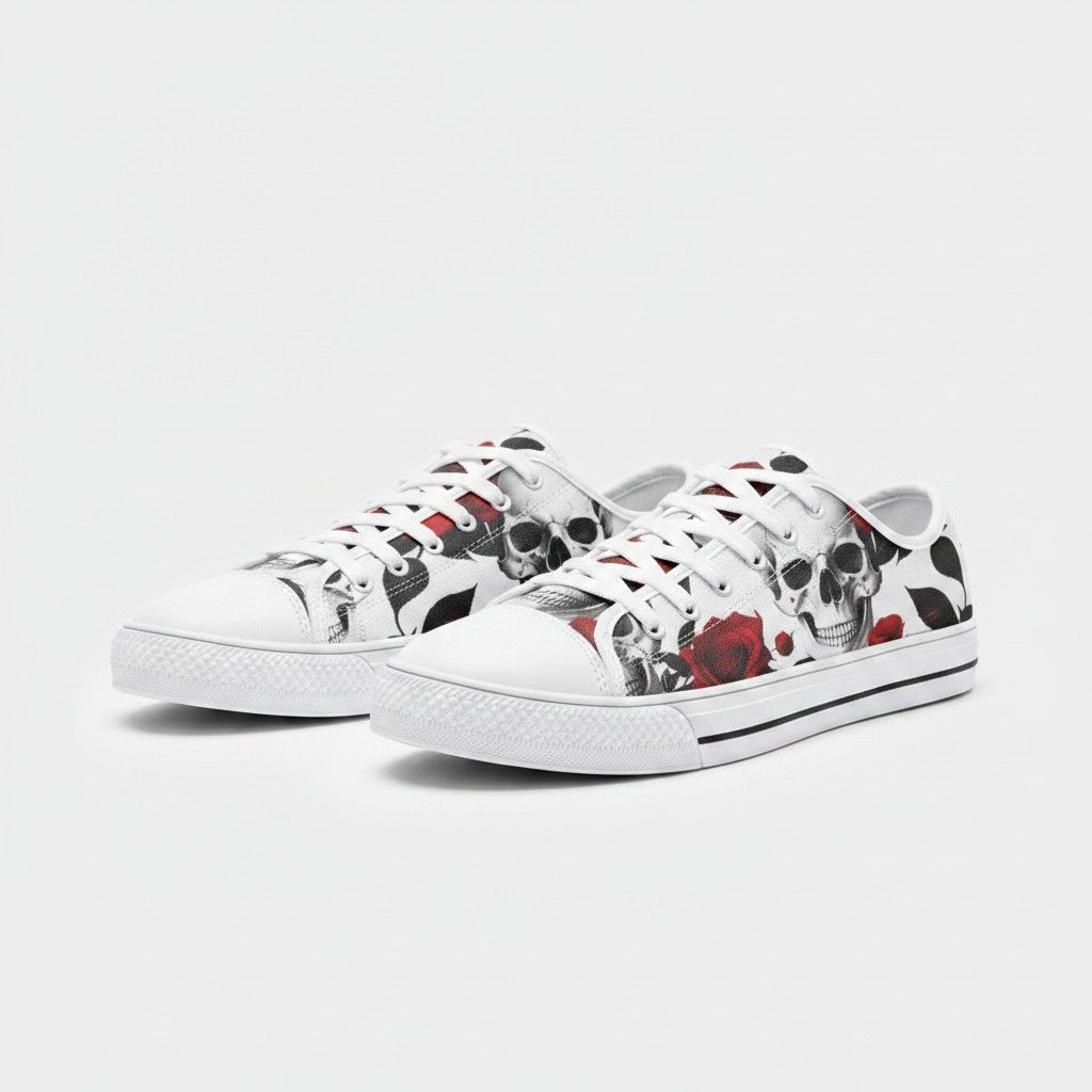 Freaky Shoes® low-top canvas sneakers featuring a detailed black and white skull and red rose print pattern.