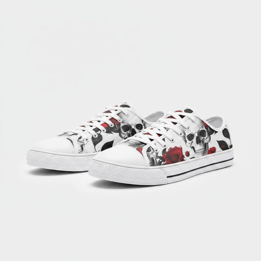 Freaky Shoes® low-top canvas sneakers featuring a detailed black and white skull and red rose print pattern.