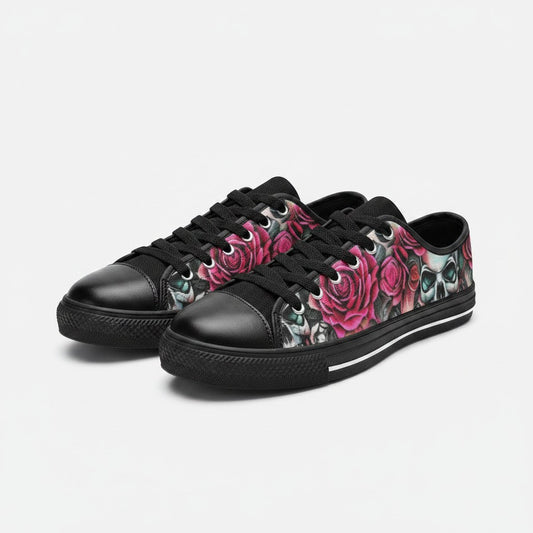 Freaky Shoes® men's low-top canvas sneakers featuring a bold black, pink, and white skull and rose graphic print.