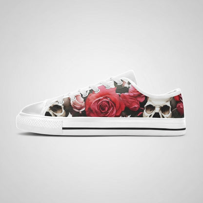 Freaky Shoes® women's low-top canvas sneakers featuring a vibrant red rose and skull print on a black background