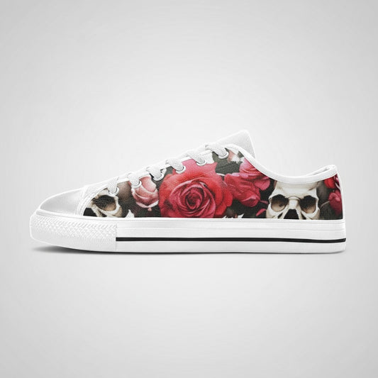 Freaky Shoes® women's low-top canvas sneakers featuring a vibrant red rose and skull print on a black background