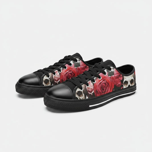 Freaky Shoes® men's low-top canvas sneakers featuring a vibrant red rose and skull print on a black background
