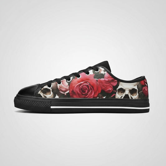 Freaky Shoes® women's low-top canvas sneakers featuring a black, white, and red skull and rose floral print pattern.