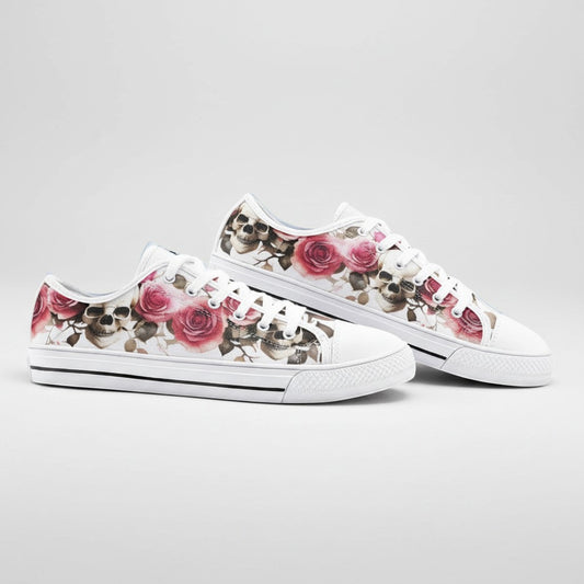 Freaky Shoes® custom canvas low-top sneakers featuring a detailed skull and pink rose floral print pattern