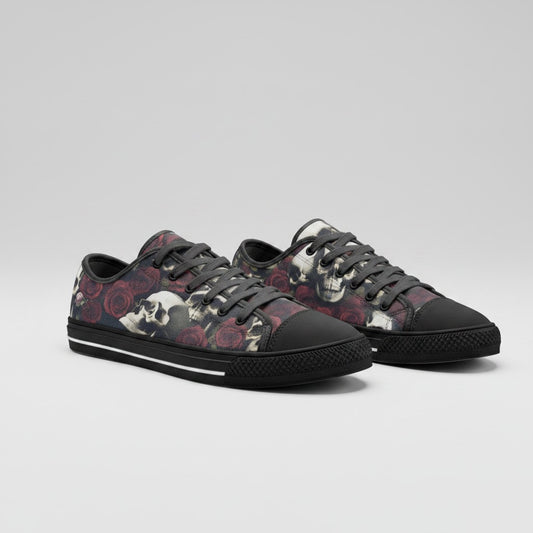 Freaky Shoes® canvas sneakers featuring a dark gothic print of skulls and red roses with black laces and toe caps.