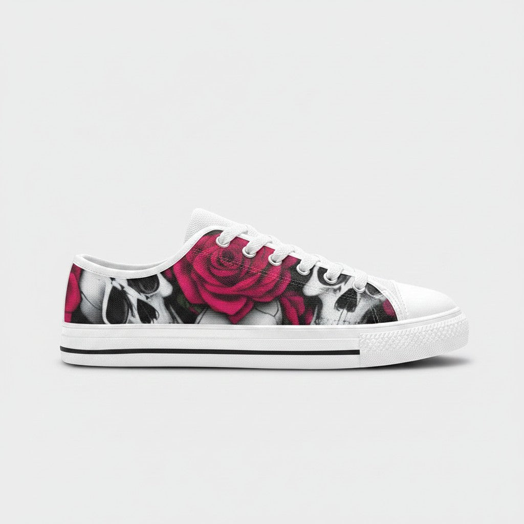 Freaky Shoes® women's low-top canvas sneakers featuring a vibrant skull and red rose print on a white base.