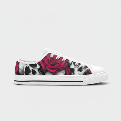 Freaky Shoes® women's low-top canvas sneakers featuring a vibrant skull and red rose print on a white base.