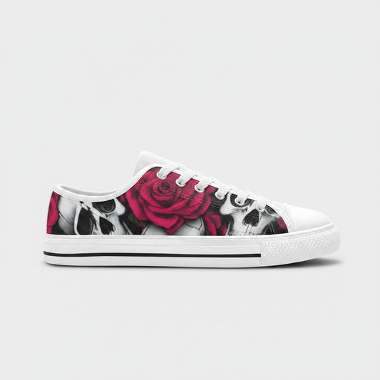 Freaky Shoes® women's low-top canvas sneakers featuring a vibrant skull and red rose print on a white base.