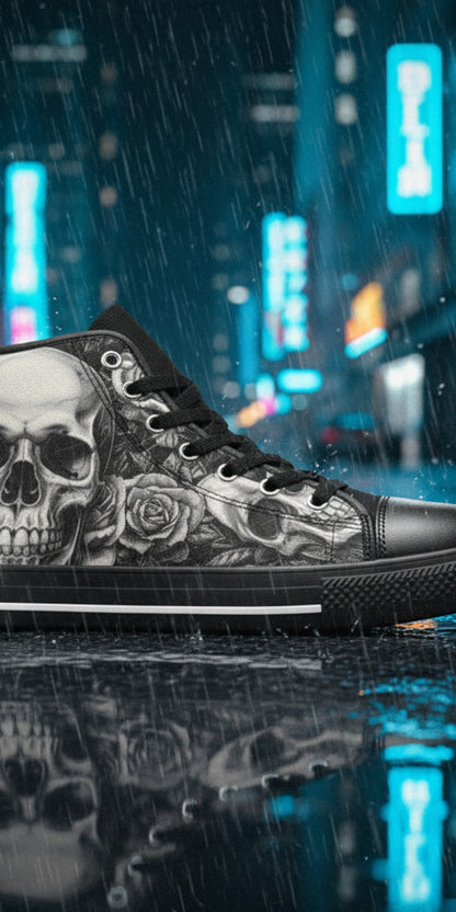 Women's Dark Skull Goth Art hand-made high-top canvas shoes — unique wearable art by Freaky Shoes