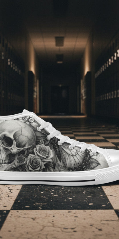 Men's Dark Skull Rose Grey Gothic high-top canvas shoes — one-of-a-kind custom printed art, Freaky Shoes