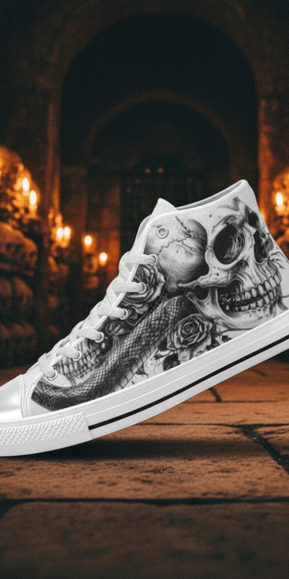 Custom Men's Skull Rose Art Gothic Dark high-top canvas shoes with bold all-over art — Freaky Shoes