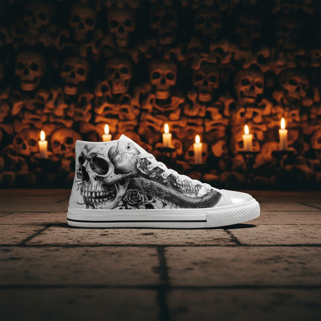 Custom Men's Skull Rose Art Gothic Dark high-top canvas shoes with bold all-over art — Freaky Shoes