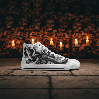 Custom Men's Skull Rose Art Gothic Dark high-top canvas shoes with bold all-over art — Freaky Shoes
