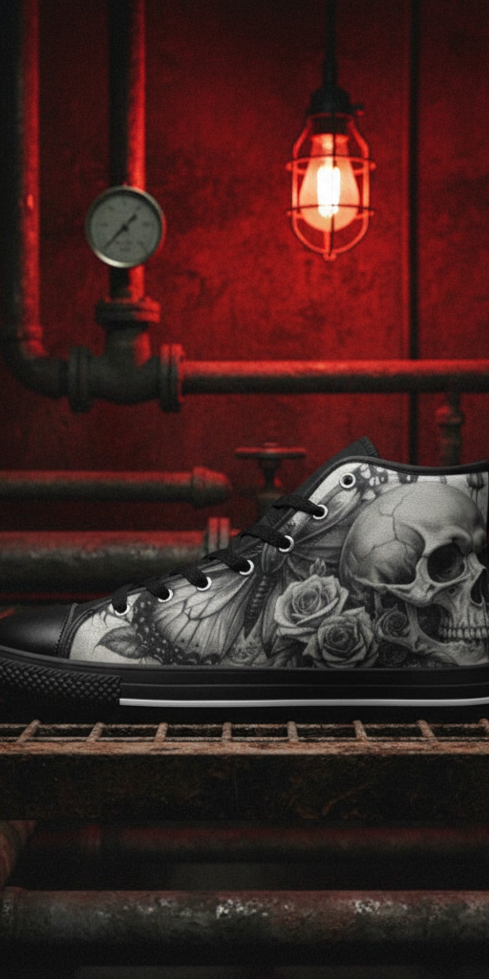 Men's Skull Rose Dark Greyscale Gothic high-top canvas shoes, custom full-wrap printed design — Freaky Shoes