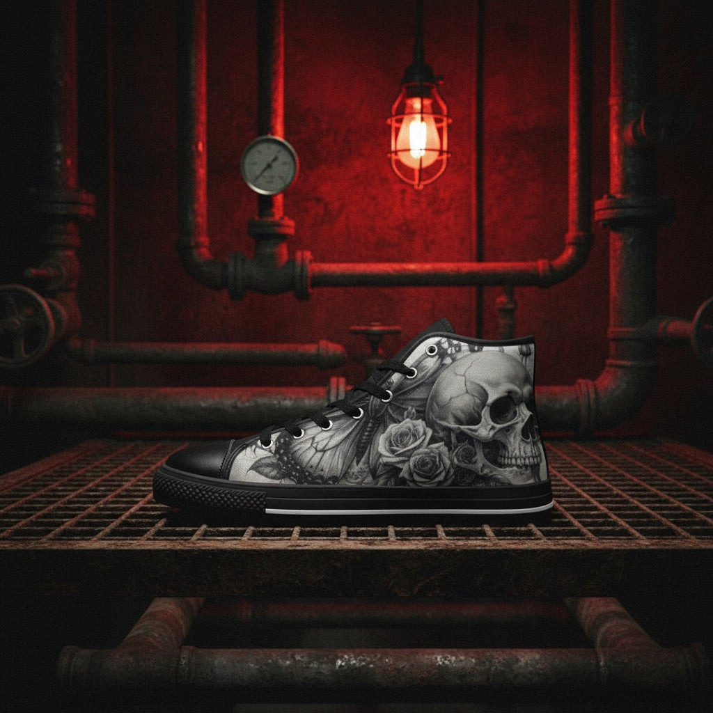 Custom Men's Skull Rose Dark Greyscale Gothic high-top canvas shoes with bold all-over art — Freaky Shoes