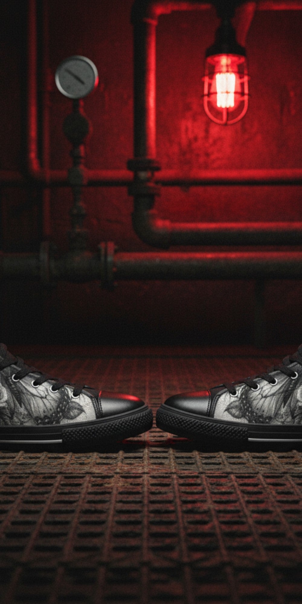 Custom Men's Skull Rose Dark Greyscale Gothic high-top canvas shoes with bold all-over art — Freaky Shoes