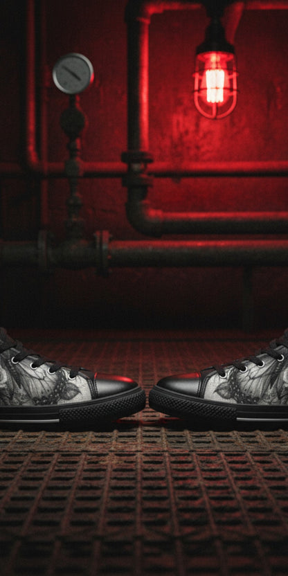 Custom Men's Skull Rose Dark Greyscale Gothic high-top canvas shoes with bold all-over art — Freaky Shoes