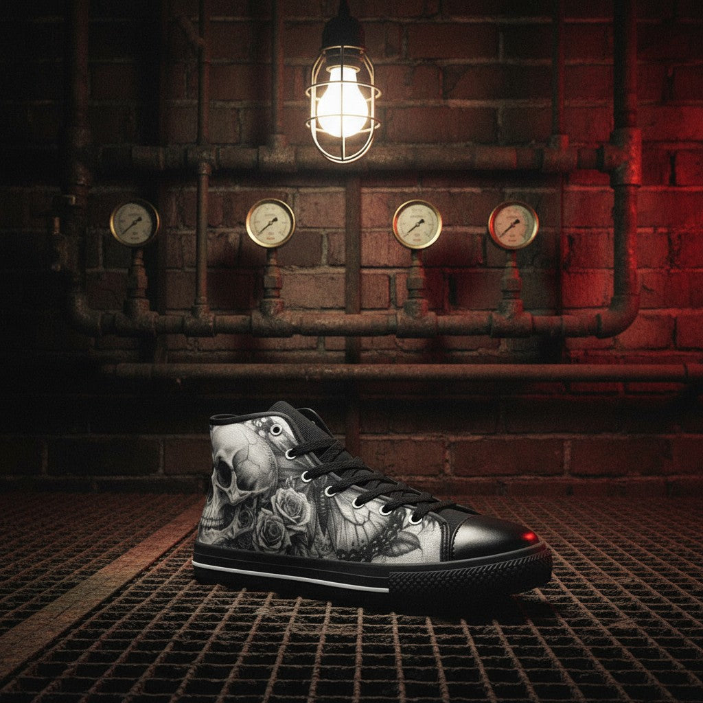 Men's Skull Rose Dark Greyscale Gothic custom high-top canvas shoes — wearable art by Freaky Shoes