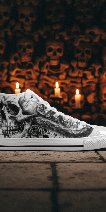 Men's Skull Rose Art Gothic Dark hand-made high-top canvas shoes — unique wearable art by Freaky Shoes