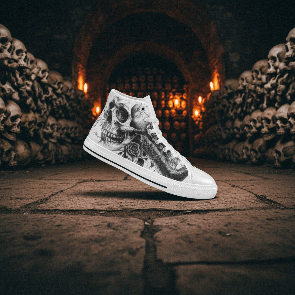 Men's Skull Rose Art Gothic Dark high-top canvas shoes — one-of-a-kind custom printed art, Freaky Shoes