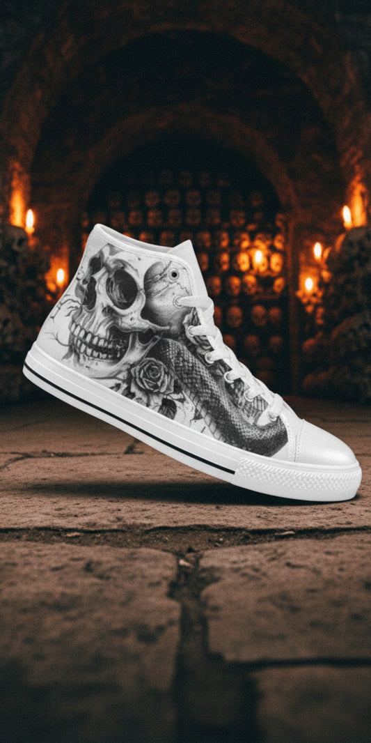 Freaky Shoes® gothic high top canvas sneakers featuring a detailed black and white skull and rose art design.