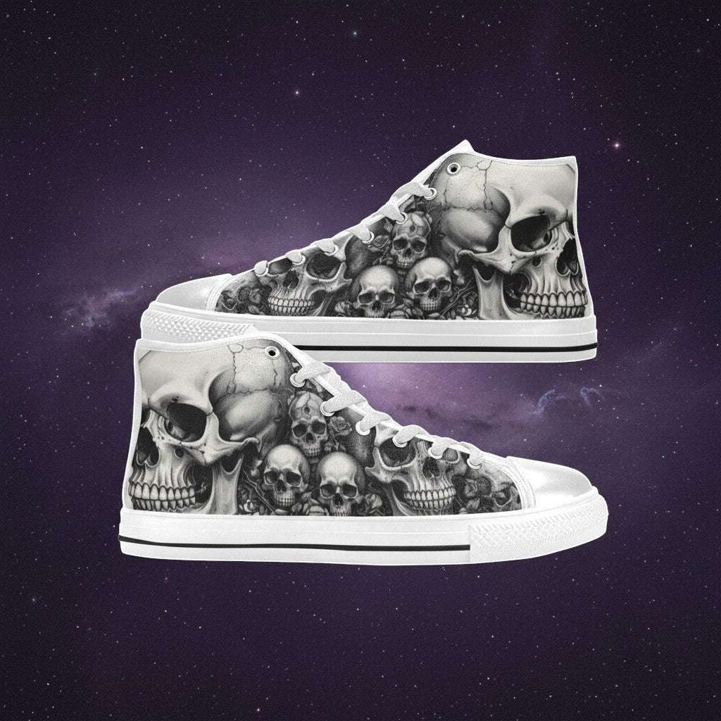 Women's Skull Rose Dark Gothic Art hand-made high-top canvas shoes — unique wearable art by Freaky Shoes