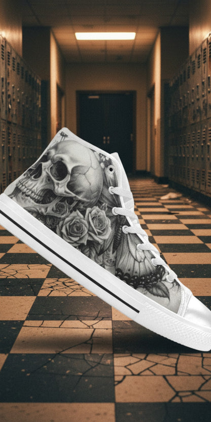 Men's Dark Skull Rose Grey Gothic custom high-top canvas shoes — wearable art by Freaky Shoes