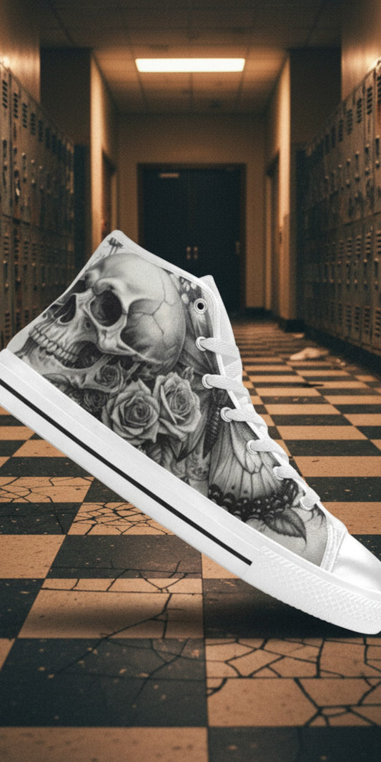Freaky Shoes® women's gothic high top canvas sneakers featuring a grey skull and rose print in a school hallway.