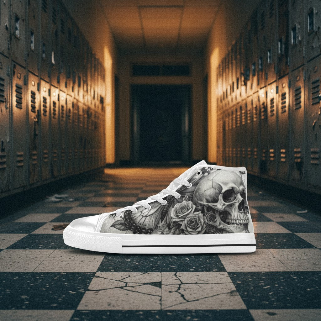 Men's Dark Skull Rose Grey Gothic custom high-top canvas shoes — wearable art by Freaky Shoes