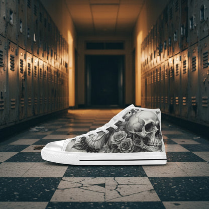 Men's Dark Skull Rose Grey Gothic custom high-top canvas shoes — wearable art by Freaky Shoes