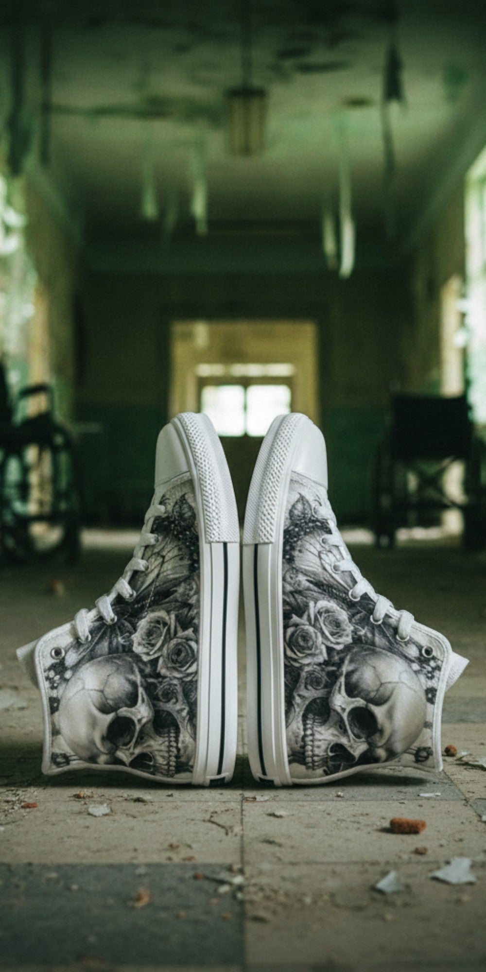 Women's Monochrome Skull & Rose Dark Gothic high-top canvas shoes, custom full-wrap printed design — Freaky Shoes