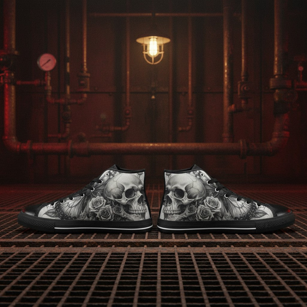 Men's Skull Rose Dark Greyscale Gothic high-top canvas shoes — one-of-a-kind custom printed art, Freaky Shoes