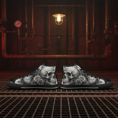 Men's Skull Rose Dark Greyscale Gothic high-top canvas shoes — one-of-a-kind custom printed art, Freaky Shoes