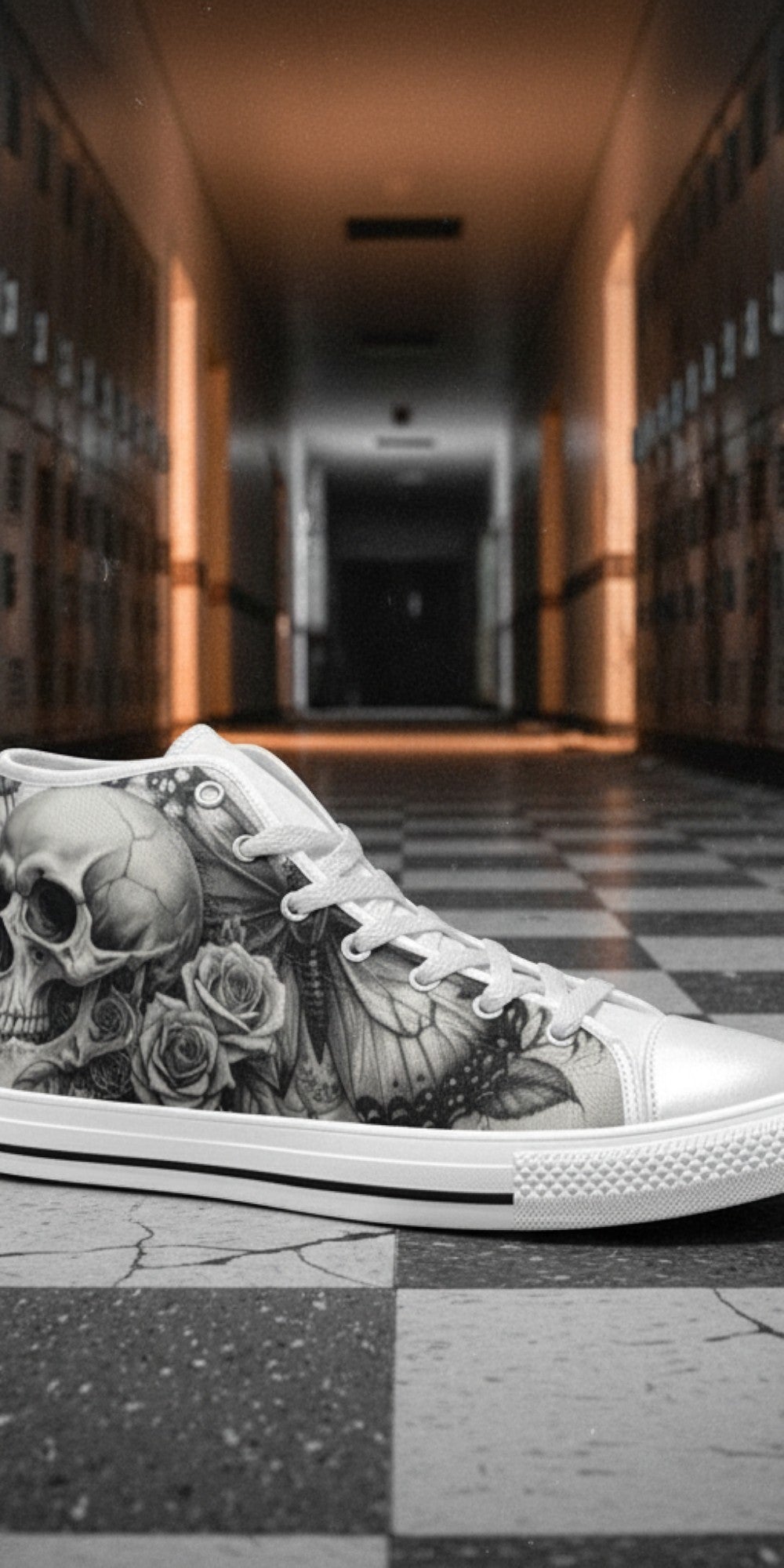 Men's Dark Skull Rose Grey Gothic hand-made high-top canvas shoes — unique wearable art by Freaky Shoes
