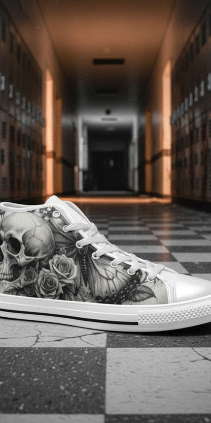 Men's Dark Skull Rose Grey Gothic hand-made high-top canvas shoes — unique wearable art by Freaky Shoes