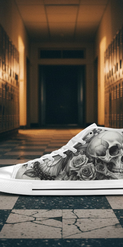 Men's Dark Skull Rose Grey Gothic high-top canvas shoes, custom full-wrap printed design — Freaky Shoes