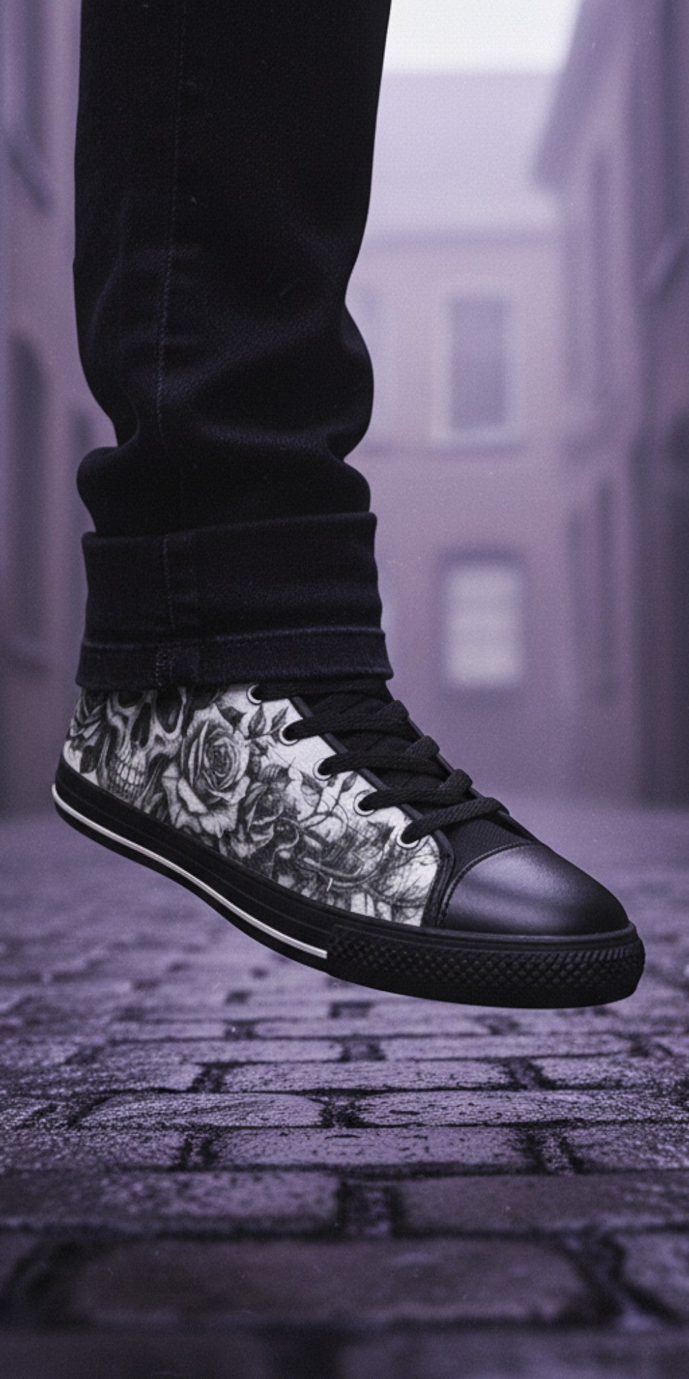 Freaky Shoes® men's gothic canvas high top sneakers featuring a black and white skull and rose print on a city street.